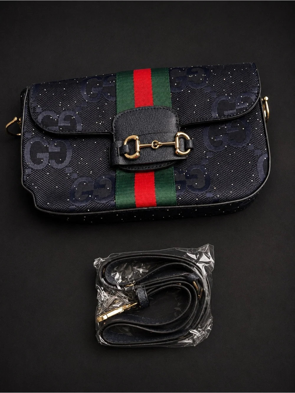 Inspired Navy Crossbody with Green-Red Web Stripe and Gold Hardware